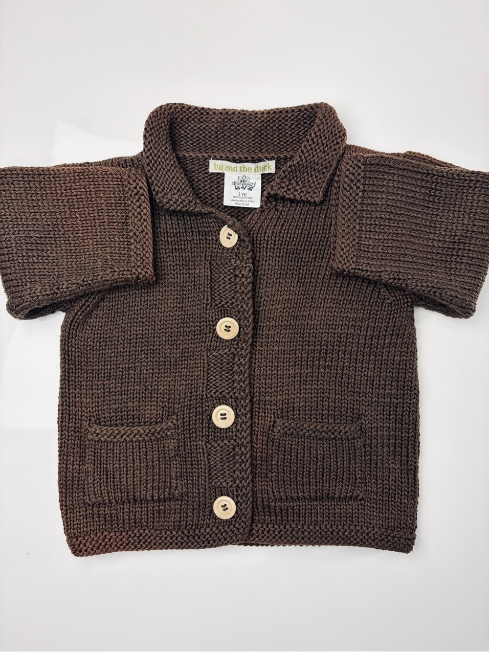 Bu And The Duck Brown 100% Peruvian Cotton Knit Handmade Infant Cardigan, Sz 12m